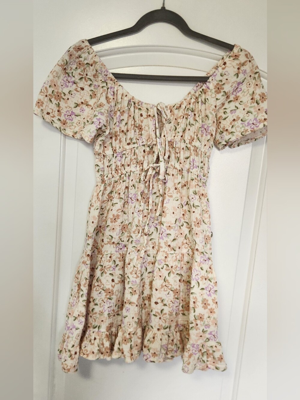 Ladies Floral Mini Dress - Cream with Pink And Lavender Accents. Sz S